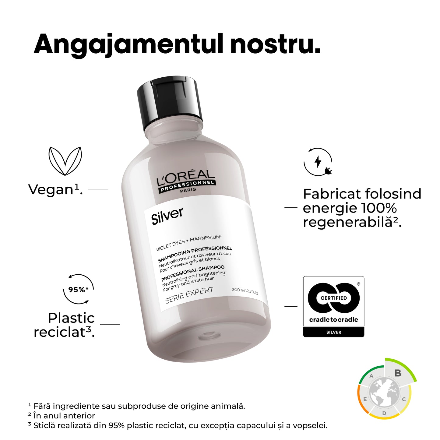 Sampon neutralizator pentru par alb & gri profesional L’Oreal Professionnel SE Silver, pentru a neutraliza tonurile galbene nedorite, cu magneziu si agenti anti-ingalbenire, vegan, 300ml