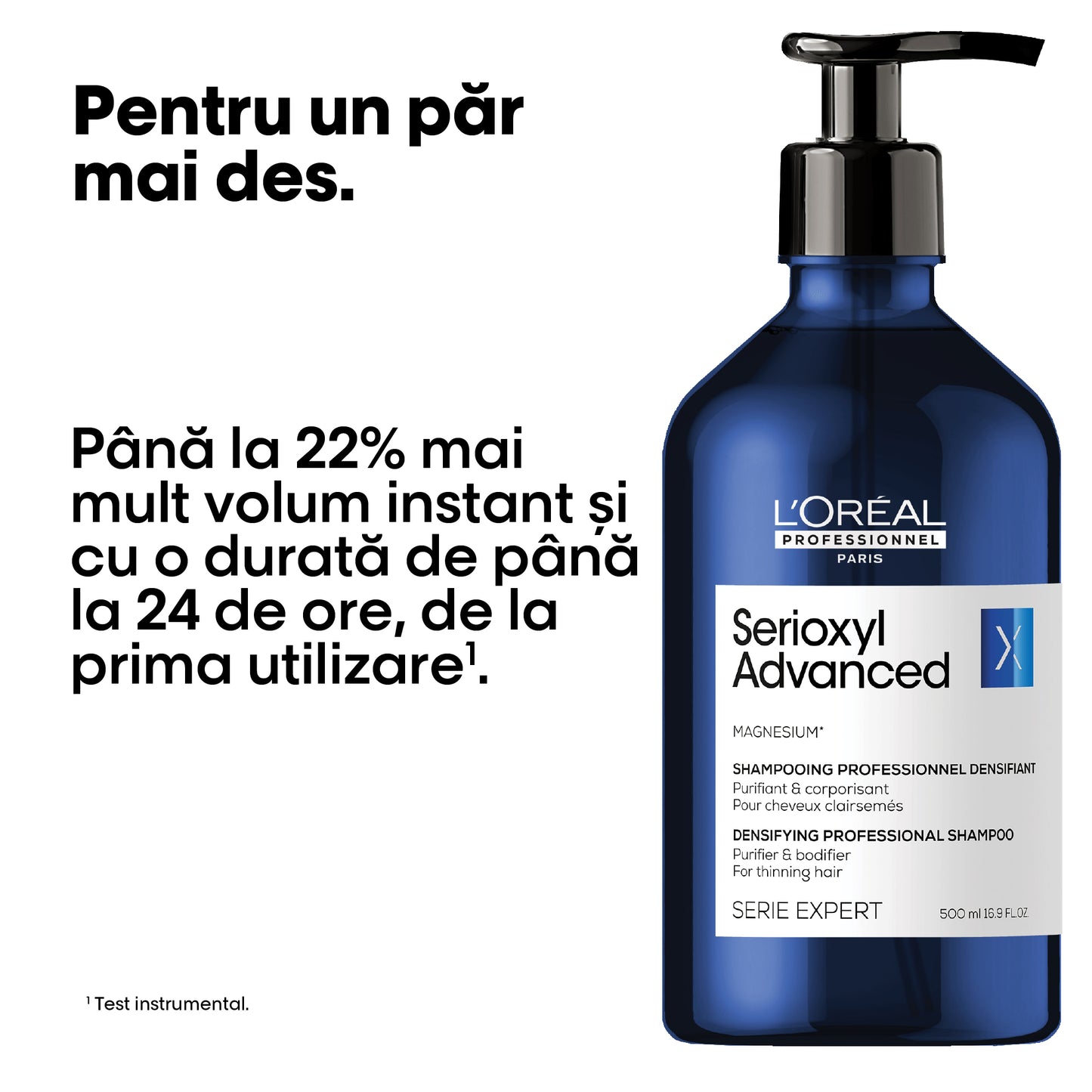 Sampon purificator pentru mai multa densitate, pentru par fin L'Oréal Professionnel Serie Expert Serioxyl Advanced, cu magneziu, fara siliconi si alcool, 500ml