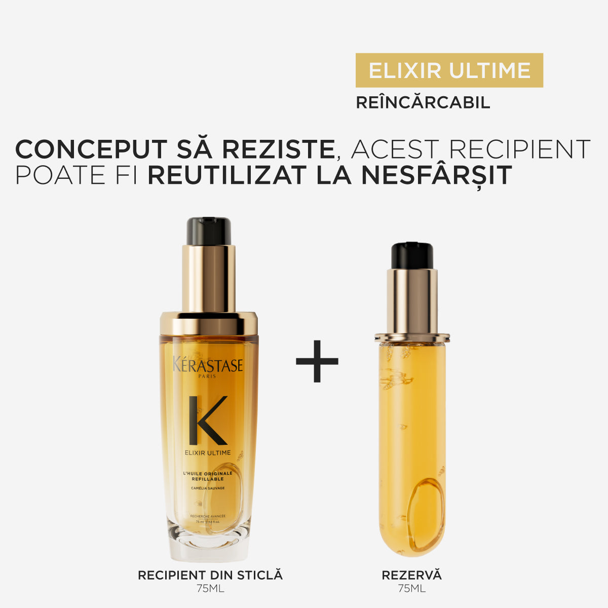 Ulei de păr reîncărcabil - Kerastase L’Huile Originale Elixir Ultime Refillable - Strălucire și netezire - 75ml