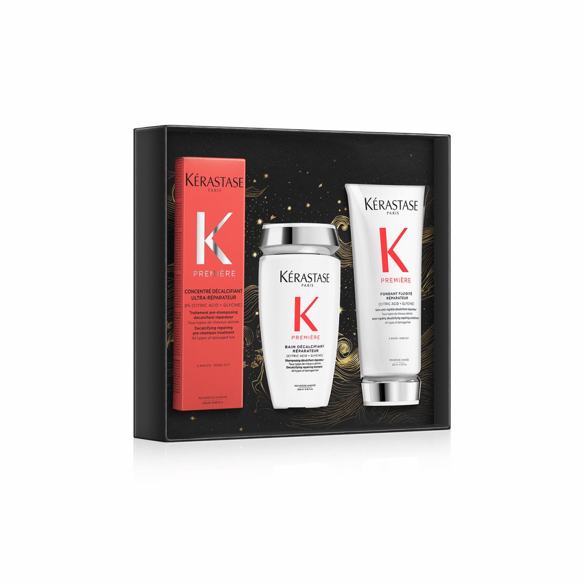 Set Kerastase Premiere Fondant Holidays - Tratament complet pentru păr deteriorat - Concentre Decalcifiant Ultra-Reparateur 250ml + Șampon Bain Decalcifiant Reparateur 250ml + Balsam Fondant Fluidite Reparateur 200ml