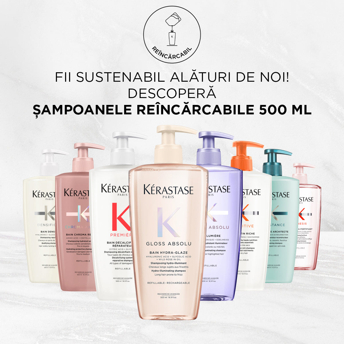 Sampon reincarcabil Kerastase Gloss Absolu Bain Hydra-Glaze, cu efect anti-electrizare, 500ml