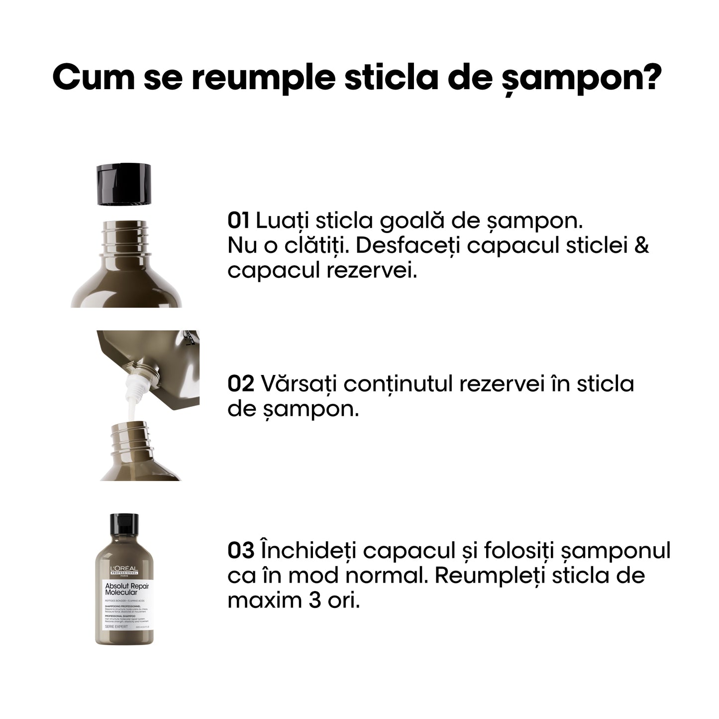 Set format din Sampon & Rezerva L’Oreal Professionnel SE Absolut Repair Molecular pentru par deteriorat, formulat cu legaturi peptidice si 5 aminoacizi, par puternic & stralucitor, 500ml + 500ml
