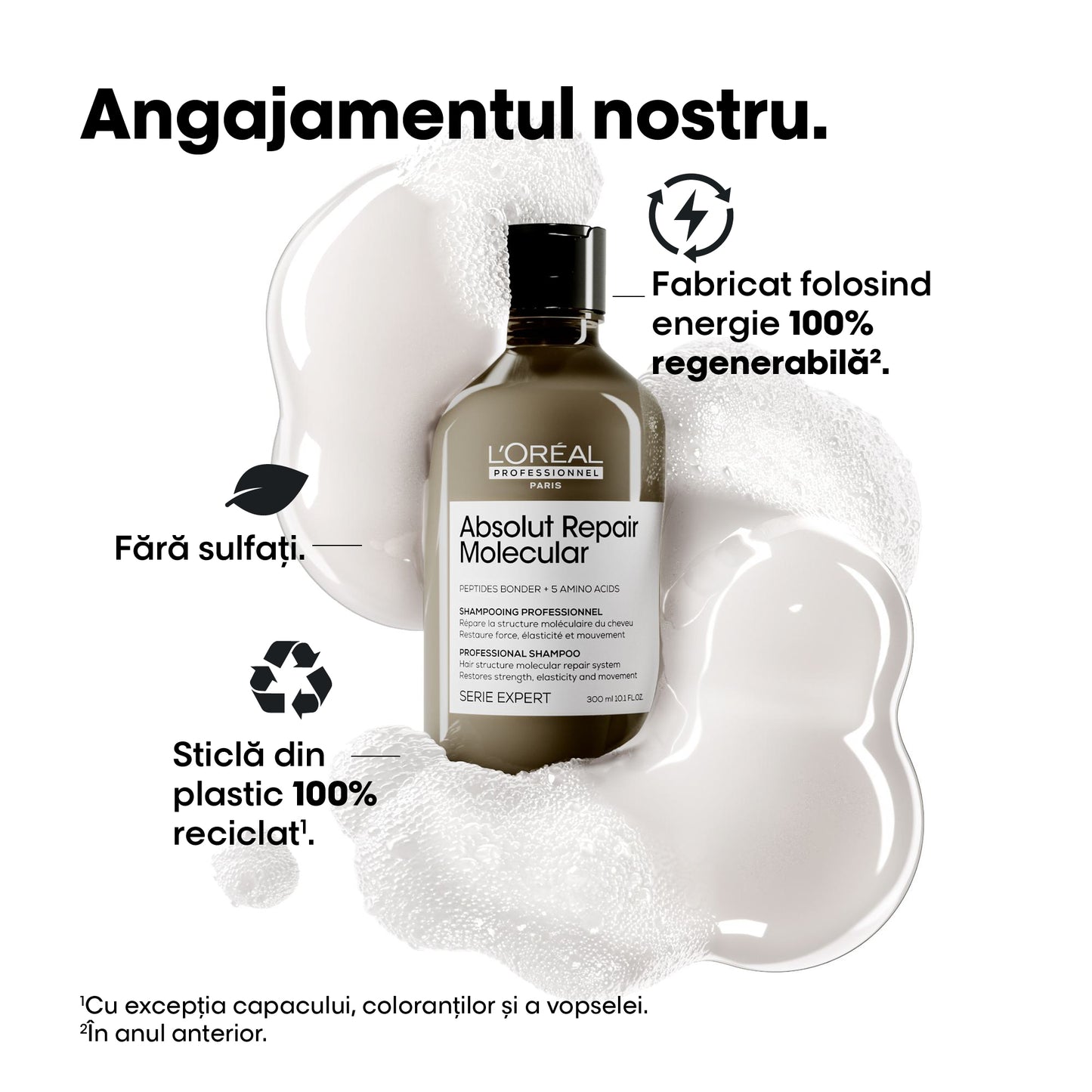 Set format din Sampon & Rezerva L’Oreal Professionnel SE Absolut Repair Molecular pentru par deteriorat, formulat cu legaturi peptidice si 5 aminoacizi, par puternic & stralucitor, 500ml + 500ml