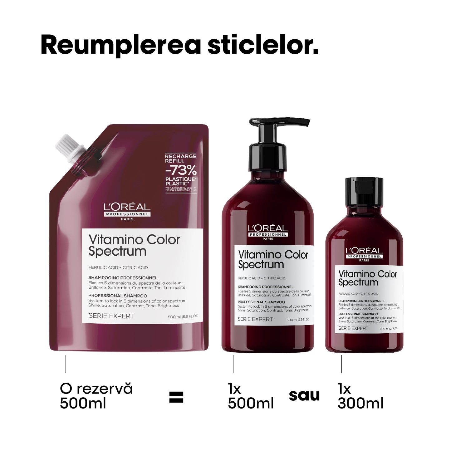 Pachet sampon pentru par vopsit L’Oreal Professionnel SE Vitamino Color Spectrum, pentru fixarea culorii, par mai matasos & puternic, cu Acid Feluric & Acid Citric fara sulfati, produs vegan, 500ml + Rezerva, 500ml