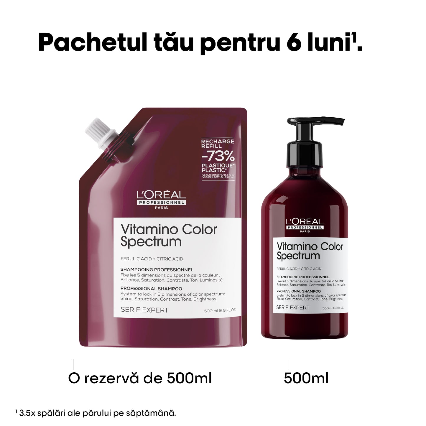 Pachet sampon pentru par vopsit L’Oreal Professionnel SE Vitamino Color Spectrum, pentru fixarea culorii, par mai matasos & puternic, cu Acid Feluric & Acid Citric fara sulfati, produs vegan, 500ml + Rezerva, 500ml