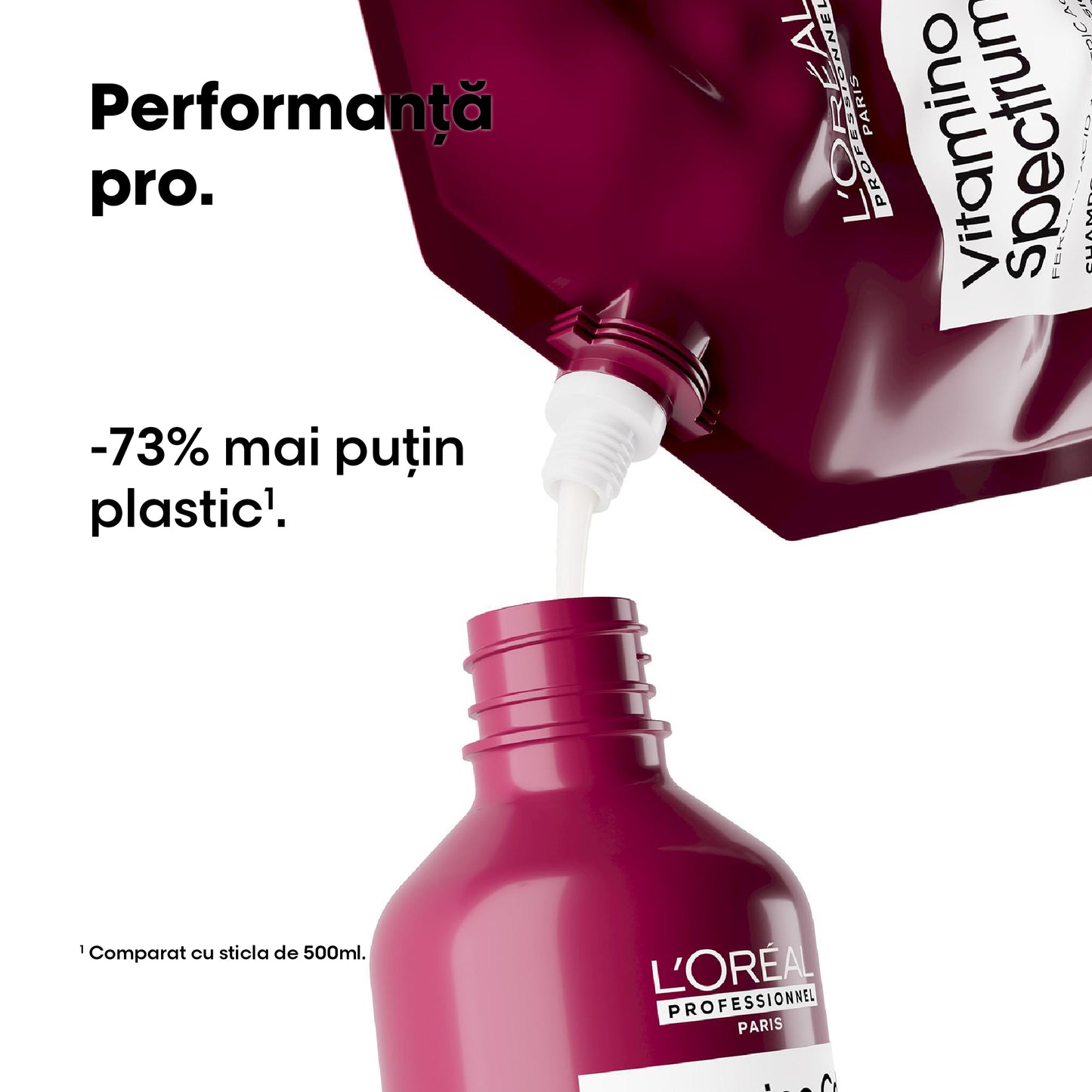 Pachet sampon pentru par vopsit L’Oreal Professionnel SE Vitamino Color Spectrum, pentru fixarea culorii, par mai matasos & puternic, cu Acid Feluric & Acid Citric fara sulfati, produs vegan, 500ml + Rezerva, 500ml
