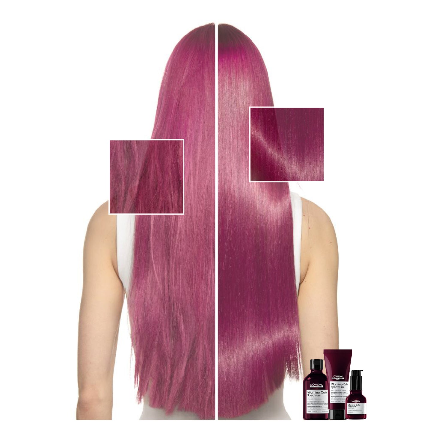 Pachet sampon pentru par vopsit L’Oreal Professionnel SE Vitamino Color Spectrum, pentru fixarea culorii, par mai matasos & puternic, cu Acid Feluric & Acid Citric fara sulfati, produs vegan, 500ml + Rezerva, 500ml