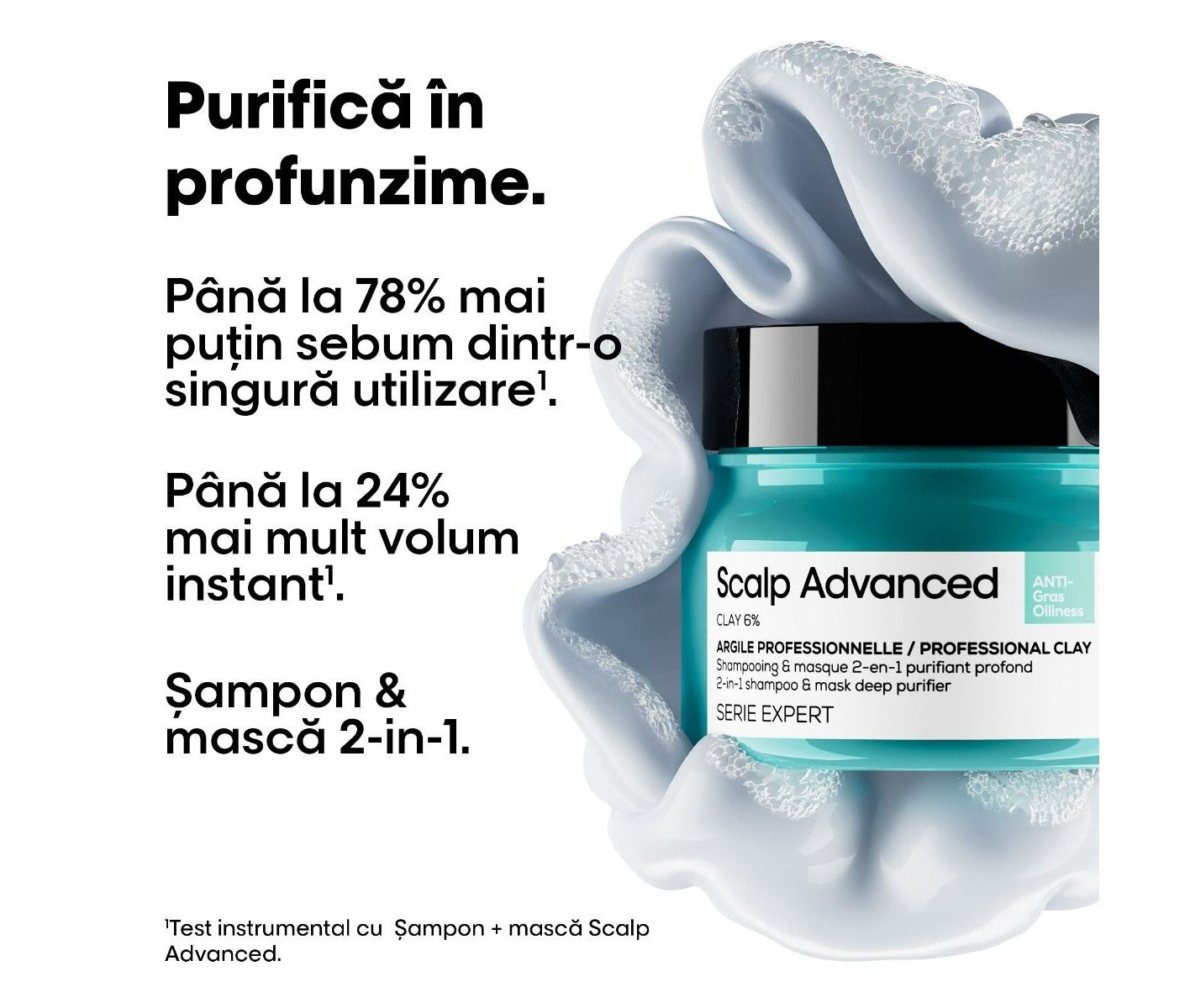 Sampon si masca 2 in 1 cu utilizari multiple pentru scalp gras L’Oreal Professionnel SE Scalp Advanced, cu 6% argilă , 250ml