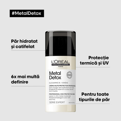 Crema profesionala fara clatire, L’Oreal Professionnel SE Metal Detox, hidratanta, cu protectie termica si UV, actioneaza impotriva ruperii parului & mentine culoarea, textura cremoasa, pentru toate tipurile de par, 100ml