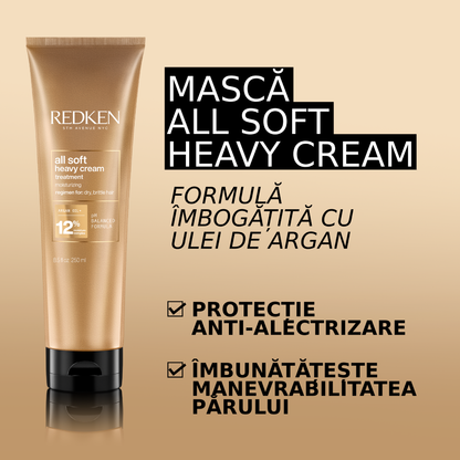 Masca profesionala Redken All Soft Heavy Cream pentru parul uscat, imbogatita cu ulei de Argan si complex hidratant, 250 ml