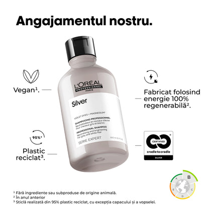 Sampon neutralizator pentru par alb & gri profesional L’Oreal Professionnel SE Silver, pentru a neutraliza tonurile galbene nedorite, cu magneziu si agenti anti-ingalbenire, vegan, 300ml
