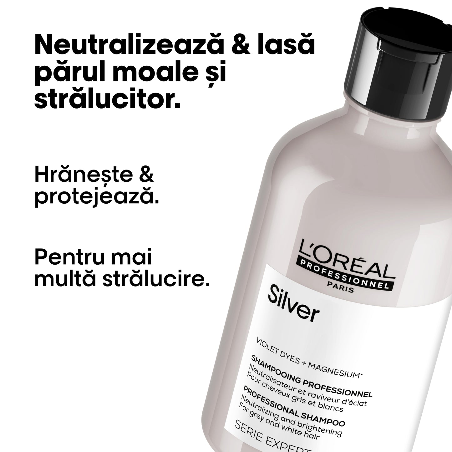 Sampon neutralizator pentru par alb & gri profesional L’Oreal Professionnel SE Silver, pentru a neutraliza tonurile galbene nedorite, cu magneziu si agenti anti-ingalbenire, vegan, 300ml