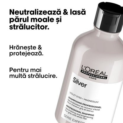 Sampon neutralizator pentru par alb & gri profesional L’Oreal Professionnel SE Silver, pentru a neutraliza tonurile galbene nedorite, cu magneziu si agenti anti-ingalbenire, vegan, 300ml
