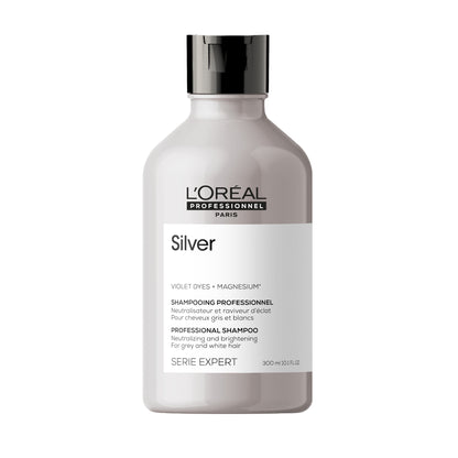 Sampon neutralizator pentru par alb & gri profesional L’Oreal Professionnel SE Silver, pentru a neutraliza tonurile galbene nedorite, cu magneziu si agenti anti-ingalbenire, vegan, 300ml