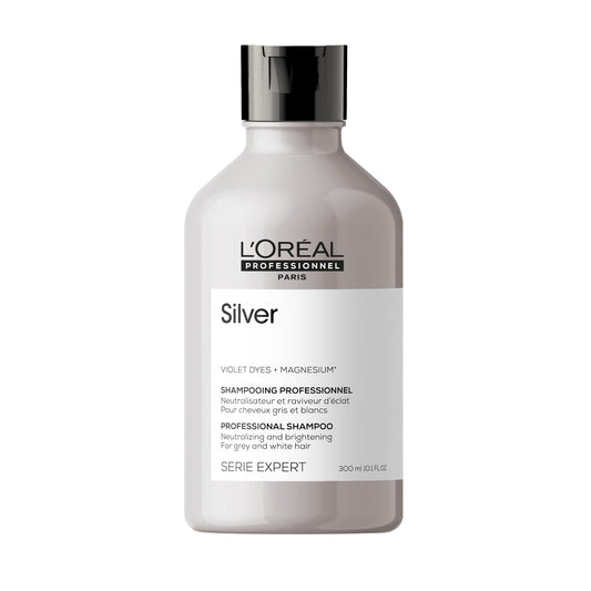 Sampon neutralizator pentru par alb & gri profesional L’Oreal Professionnel SE Silver, pentru a neutraliza tonurile galbene nedorite, cu magneziu si agenti anti-ingalbenire, vegan, 300ml