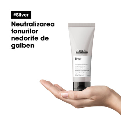 Balsam de par L’Oreal Professionnel SE Silver, pentru a neutraliza tonurile galbene nedorite, cu magneziu si agenti anti-ingalbenire, pentru parul carunt sau cu tonuri galbene, 200ml