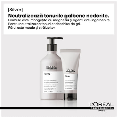 Balsam de par L’Oreal Professionnel SE Silver, pentru a neutraliza tonurile galbene nedorite, cu magneziu si agenti anti-ingalbenire, pentru parul carunt sau cu tonuri galbene, 200ml