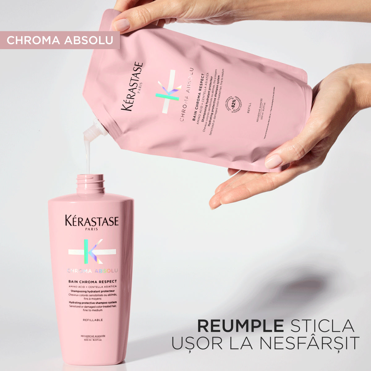 Set Kerastase Chroma Absolu - Șampon Bain Chroma Respect Reîncărcabil 500ml și Rezerva 500ml