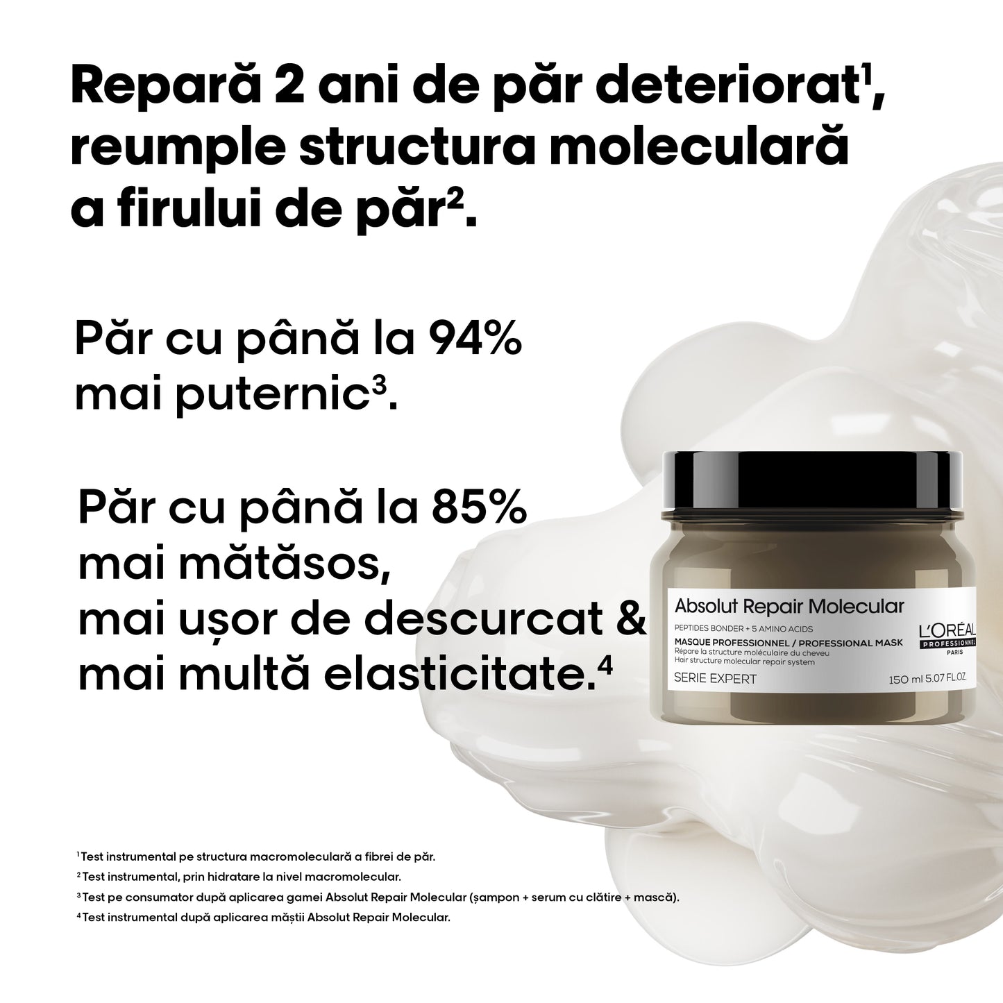 Masca concentrata pentru par deteriorat L’Oreal Professionnel Serie Expert Absolut Repair Molecular, formulata cu legaturi peptidice si 5 aminoacizi, ofera netezime, stralucire, par matasos & hidratat, 150 ml