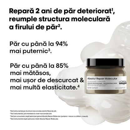 Masca concentrata pentru par deteriorat L’Oreal Professionnel Serie Expert Absolut Repair Molecular, formulata cu legaturi peptidice si 5 aminoacizi, ofera netezime, stralucire, par matasos & hidratat, 150 ml