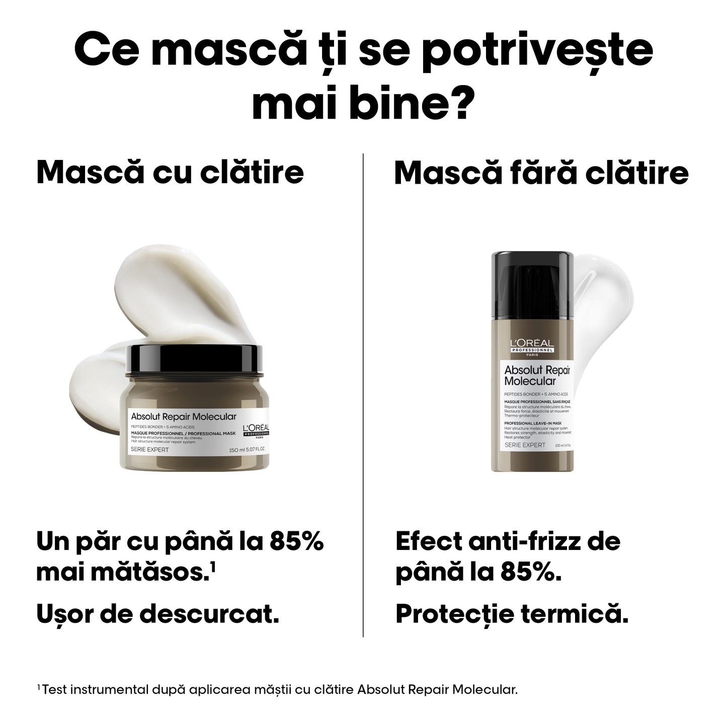 Masca concentrata pentru par deteriorat L’Oreal Professionnel Serie Expert Absolut Repair Molecular, formulata cu legaturi peptidice si 5 aminoacizi, ofera netezime, stralucire, par matasos & hidratat, 150 ml
