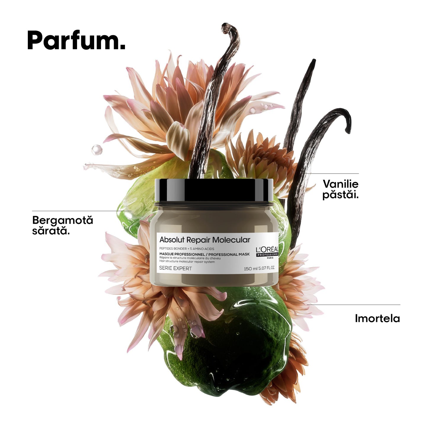 Masca concentrata pentru par deteriorat L’Oreal Professionnel Serie Expert Absolut Repair Molecular, formulata cu legaturi peptidice si 5 aminoacizi, ofera netezime, stralucire, par matasos & hidratat, 150 ml