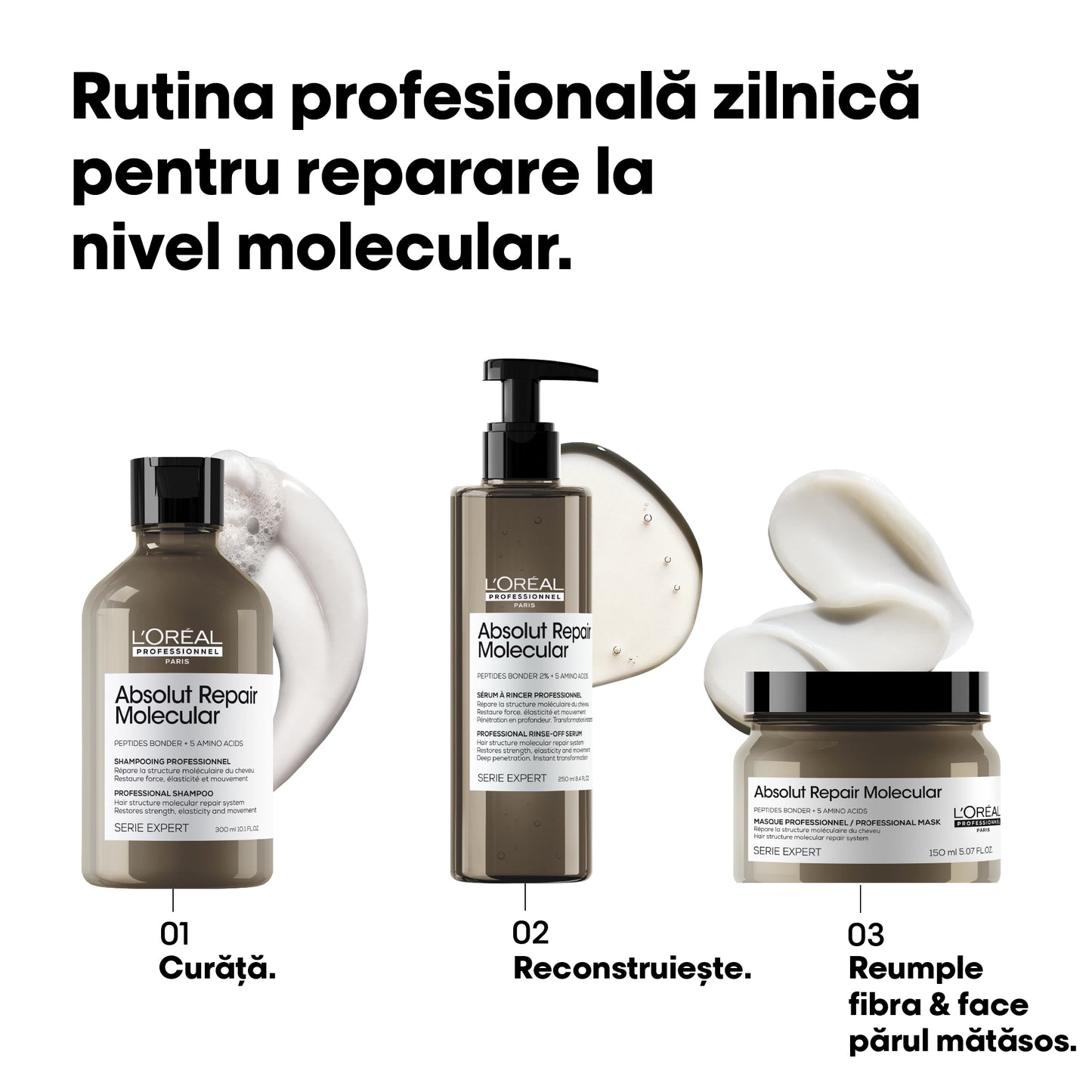 Masca concentrata pentru par deteriorat L’Oreal Professionnel Serie Expert Absolut Repair Molecular, formulata cu legaturi peptidice si 5 aminoacizi, ofera netezime, stralucire, par matasos & hidratat, 150 ml