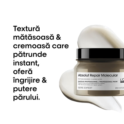 Masca concentrata pentru par deteriorat L’Oreal Professionnel Serie Expert Absolut Repair Molecular, formulata cu legaturi peptidice si 5 aminoacizi, ofera netezime, stralucire, par matasos & hidratat, 150 ml