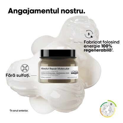 Masca concentrata pentru par deteriorat L’Oreal Professionnel Serie Expert Absolut Repair Molecular, formulata cu legaturi peptidice si 5 aminoacizi, ofera netezime, stralucire, par matasos & hidratat, 150 ml
