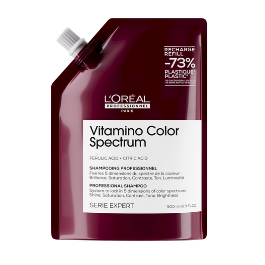 Rezerva sampon pentru par vopsit L’Oreal Professionnel SE Vitamino Color Spectrum, pentru fixarea culorii, par mai matasos & puternic, cu Acid Feluric & Acid Citric fara sulfati, produs vegan, 500ml