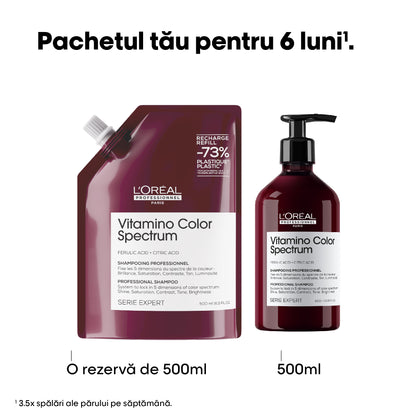 Rezerva sampon pentru par vopsit L’Oreal Professionnel SE Vitamino Color Spectrum, pentru fixarea culorii, par mai matasos & puternic, cu Acid Feluric & Acid Citric fara sulfati, produs vegan, 500ml