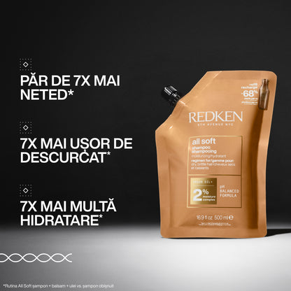 Rezerva Eco Sampon profesional Redken All Soft pentru par uscat, imbogatit cu ulei de Argan si complex hidratant, 500ml