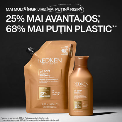 Rezerva Eco Sampon profesional Redken All Soft pentru par uscat, imbogatit cu ulei de Argan si complex hidratant, 500ml