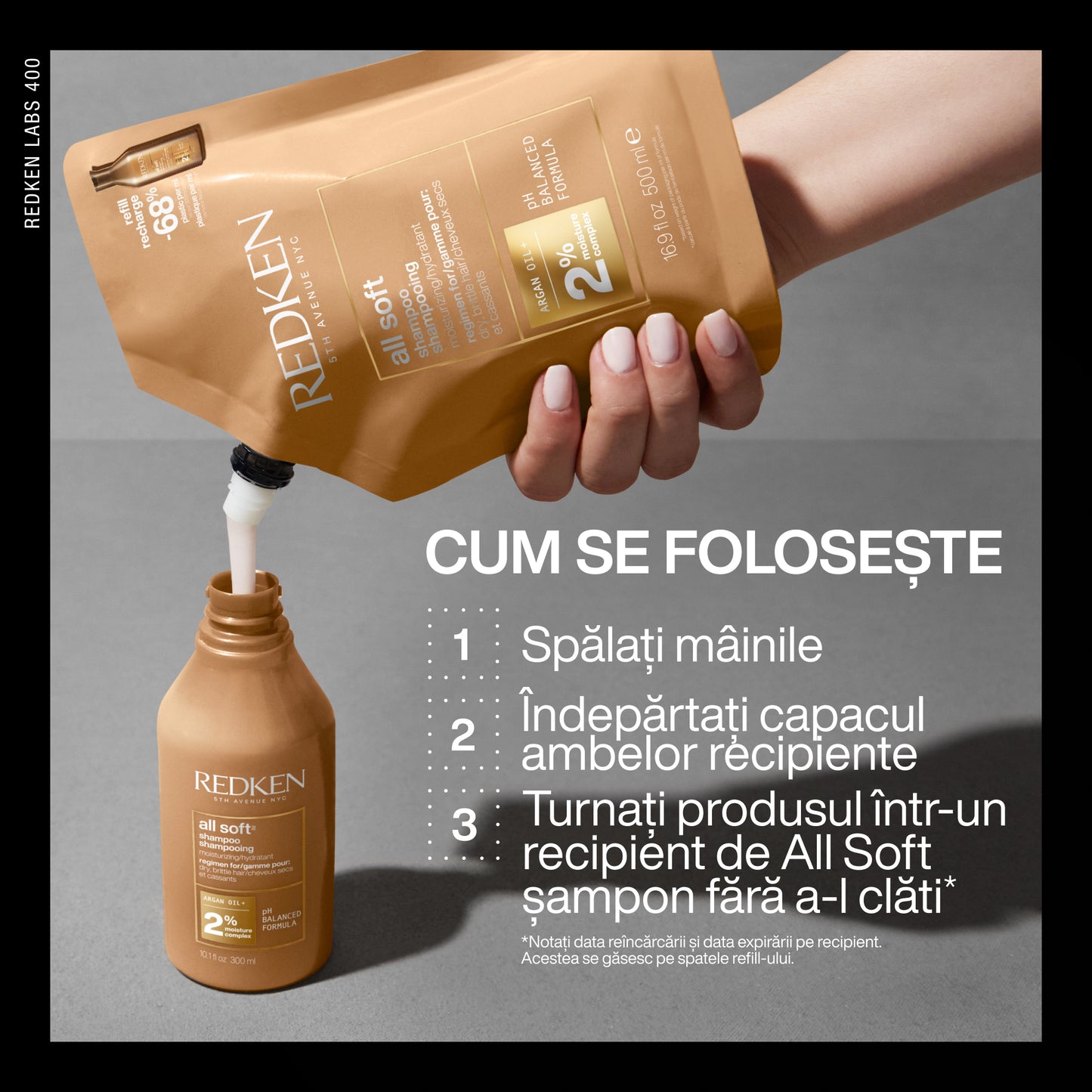 Rezerva Eco Sampon profesional Redken All Soft pentru par uscat, imbogatit cu ulei de Argan si complex hidratant, 500ml