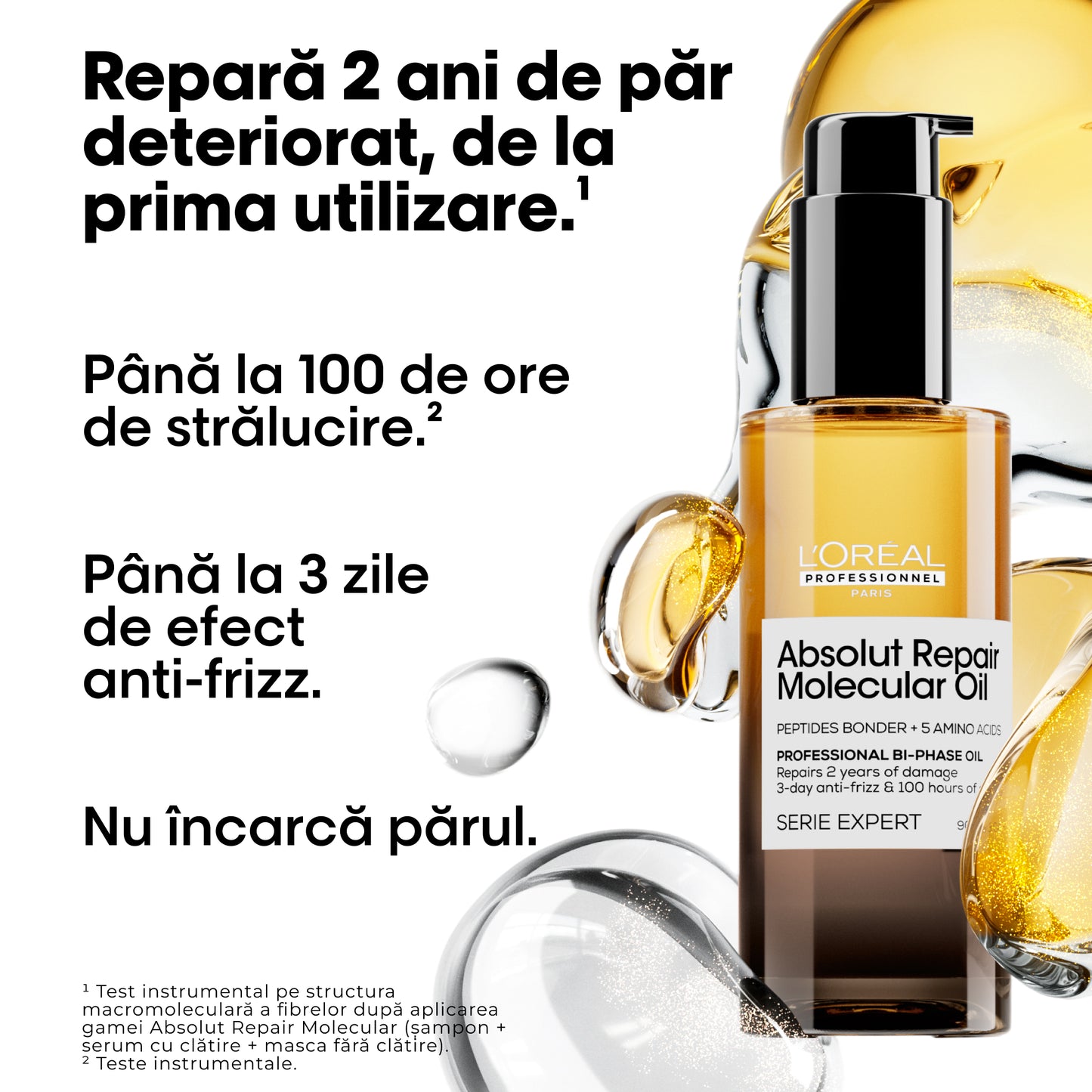Ulei de par bifazic L’Oreal Professionnel SE Absolut Repair Molecular Oil, efect anti-frizz, nu necesita clatire, fara sulfati, 90ml
