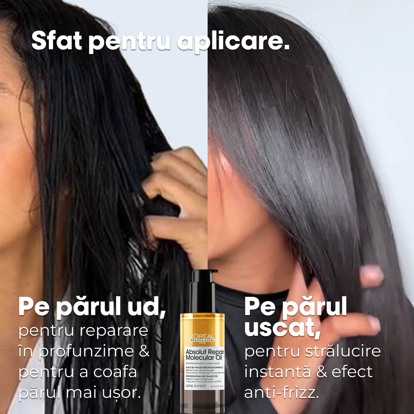 Ulei de par bifazic L’Oreal Professionnel SE Absolut Repair Molecular Oil, efect anti-frizz, nu necesita clatire, fara sulfati, 90ml