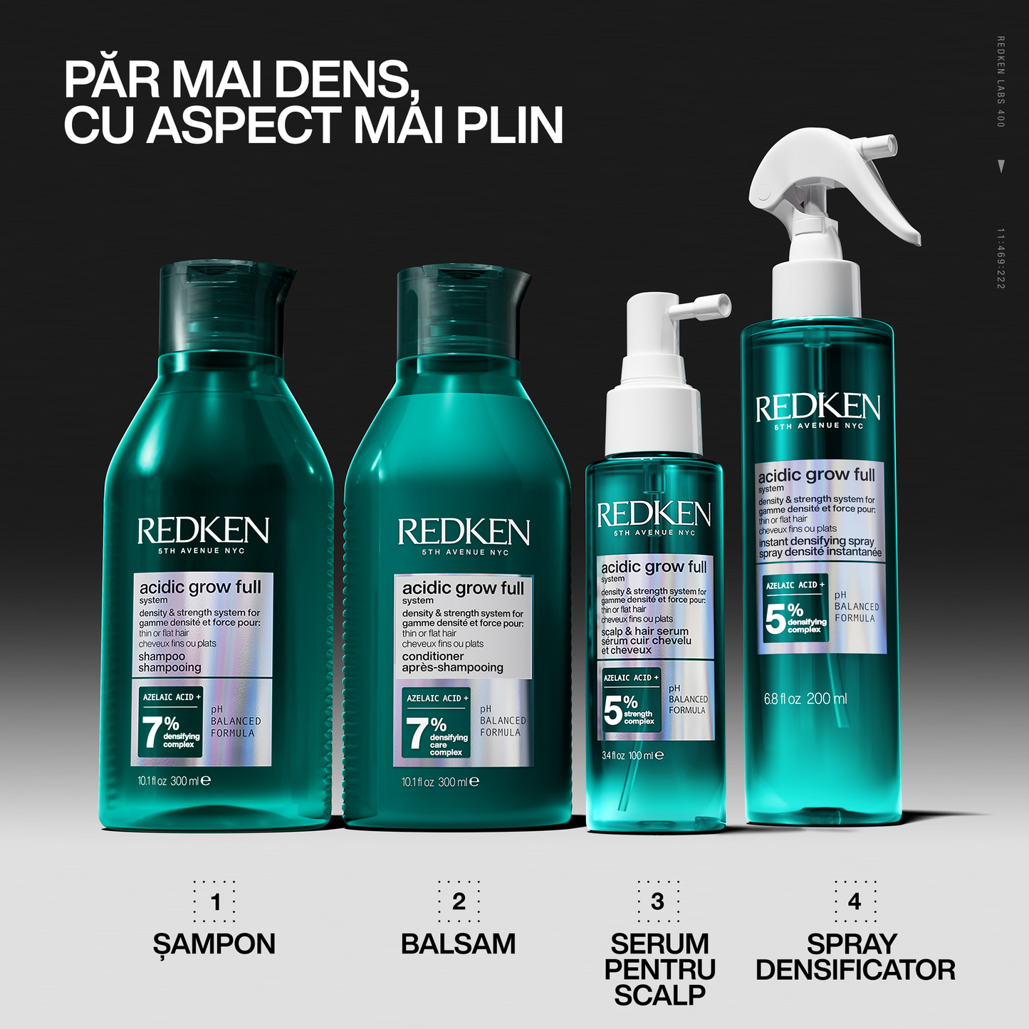 Spray Redken Acidic Grow Full System instant densificator si fortifiant, formulat cu acid Azelaic, Cafeină si Probiotice, pentru păr fin predispus la rupere, 190ml