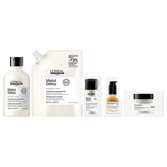 Set format din Sampon & Rezerva L'Oréal Professionnel SE Metal Detox actioneaza impotriva ruperii parului si mentine culoarea, pentru toate tipurile de par decolorat, colorat sau cu balayage, FARA SULFATI, 300ml + 500ml