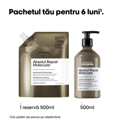 Set format din Sampon & Rezerva L’Oreal Professionnel SE Absolut Repair Molecular pentru par deteriorat, formulat cu legaturi peptidice si 5 aminoacizi, par puternic & stralucitor, 500ml + 500ml