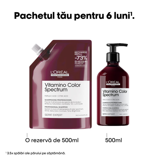 Pachet sampon pentru par vopsit L’Oreal Professionnel SE Vitamino Color Spectrum, pentru fixarea culorii, par mai matasos & puternic, cu Acid Feluric & Acid Citric fara sulfati, produs vegan, 500ml + Rezerva, 500ml