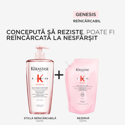 Pachet Kerastase Genesis Bain Hydra-Fortifiant 1000ml - Sampon Reincarcabil 500ml si Rezerva 500ml