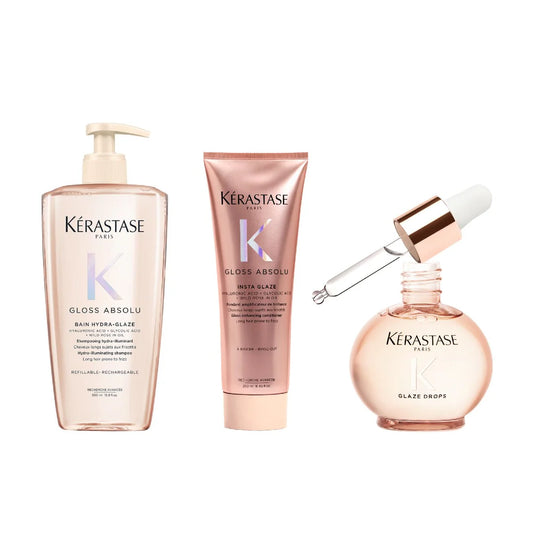 Pachet Kerastase Gloss Absolu, rutina completa pentru stralucire si netezire  - Sampon 500ml + Balsam 250ml + Ulei 45ml