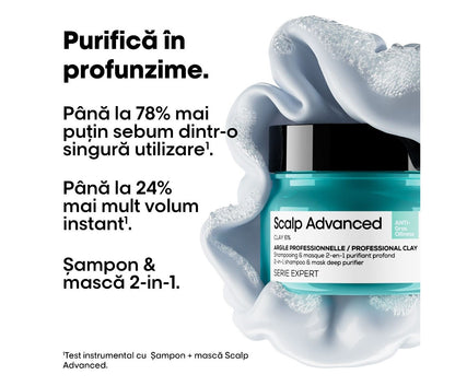 Sampon si masca 2 in 1 cu utilizari multiple pentru scalp gras L’Oreal Professionnel SE Scalp Advanced, cu 6% argilă , 250ml